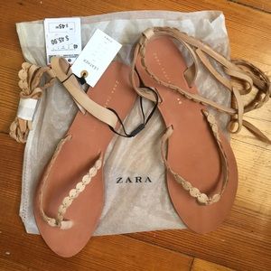 Zara Tan Leather Strappy Flat Sandals NWT US 9